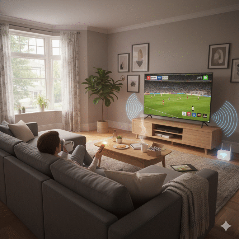 Person watching live football on a smart TV in a UK living room using IPTV UK streaming, with remote and tea on the table.